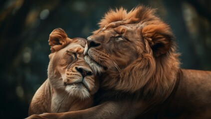 Lion and lioness in love, hugging each other with their paws, closed eyes and happy faces