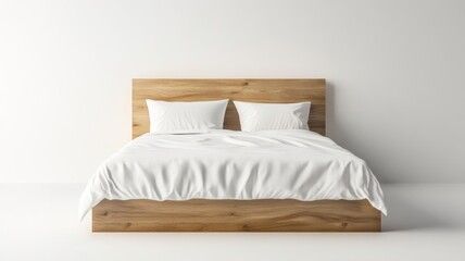 A wooden bed frame with white bedding and pillows creates a serene and minimalist atmosphere in a bright room