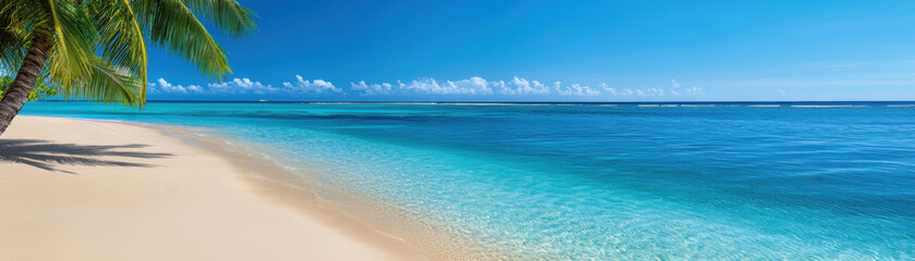 Fototapeta premium Stunning tropical beach with crystal-clear turquoise water, white sand, and palm trees, perfect for relaxation and vacation enthusiasts.