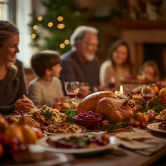 A high-resolution photograph of a large family gathered around a beautifully set Thanksgiving table, filled with traditional dishes like roasted turkey, stuffing, and cranberry sauce. 