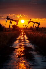 Oil pumpjacks silhouetted against a dramatic sunset, casting long shadows on the ground