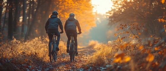 Two cyclists riding through a sunlit forest trail at sunset