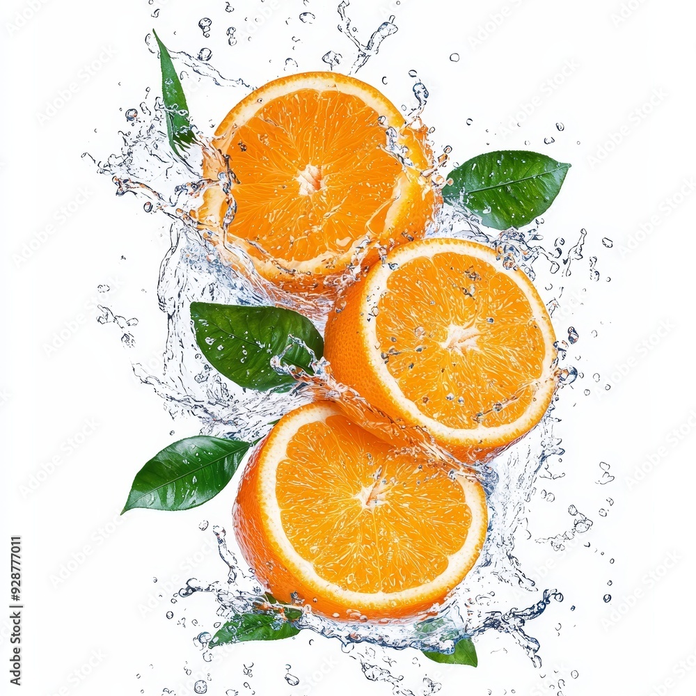 Poster sliced oranges splashed with leaves, fresh from the tree
