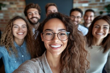 selfie and group of business people in office taking pictures for social media. Diversity portrait, collaboration and happy friends, men and women laughing and take photo for profile, Generative AI