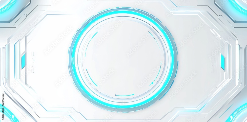 Poster an abstract 3d rendering of geometric blue shapes with circular motions on a white background depict