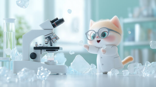 A cute cartoon cat, this time wearing glasses and white fur, stands excitedly near a microscope. It is a laboratory with various scientific equipment and crystal structures similar to ice.