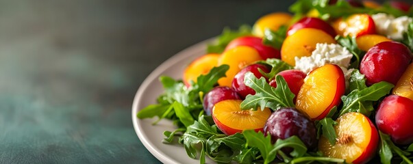 Close-up of a colorful fruit salad combining arugula, juicy plums, and nectarines with a sprinkle of soft cheese, served on a light plate