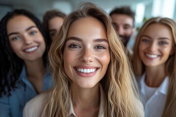 Fototapeta premium Group of business workers smiling happy and confident. Posing together with smile on face looking at the camera at the office, Generative AI