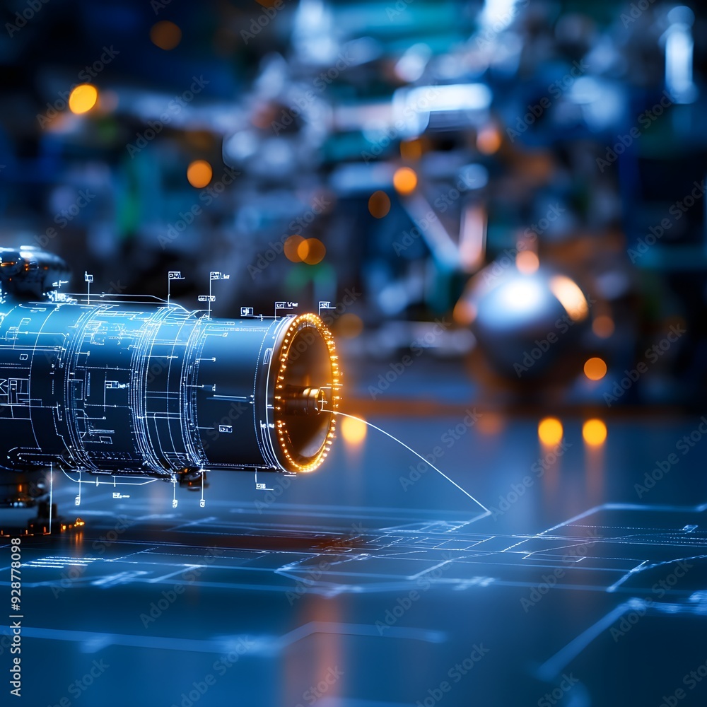 Poster high-resolution close-up of an aerospace engineering blueprint, displaying the complex structure of 