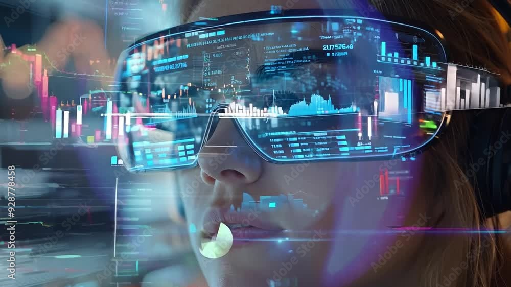 Poster a young woman analyzes digital data through advanced glasses in a high-tech environment illuminated 