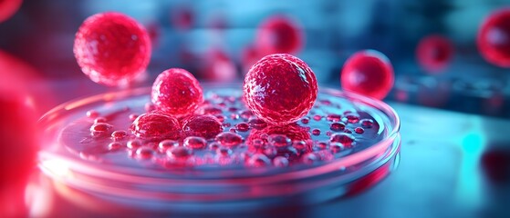 Hyper-realistic image of stem cells multiplying in a petri dish, emphasizing a breakthrough discovery in cellular biology