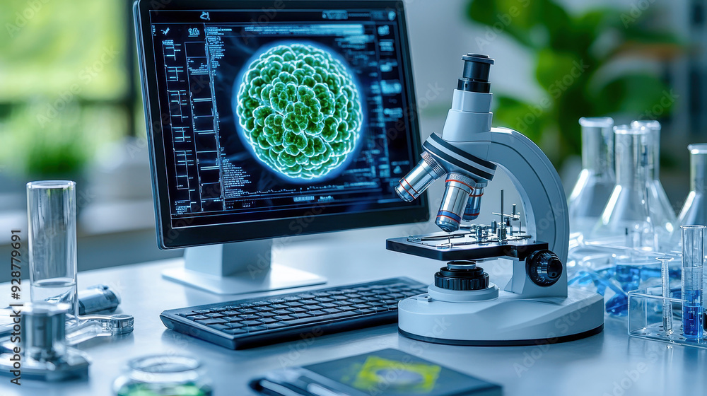 Poster a modern laboratory setup featuring a microscope and computer displaying a colorful cell image.