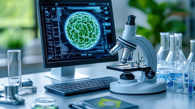 A modern laboratory setup featuring a microscope and computer displaying a colorful cell image.
