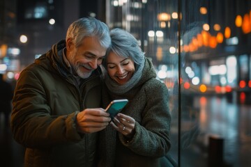 'A joyful gray-haired couple smiles at their phone, with a blurred cityscape as the backdrop.'