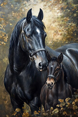 Fototapeta premium A beautiful black horse with its foal in a meadow 