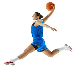 Dynamic photo of young woman, basketball player leaping in mid-air to make powerful slam dunk...