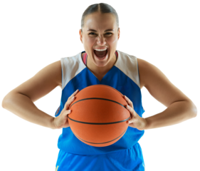 Emotional woman, basketball player holding ball and shouting of joy, celebrating victory against transparent background. Concept of professional sport, championship, tournament, hobby and recreation.