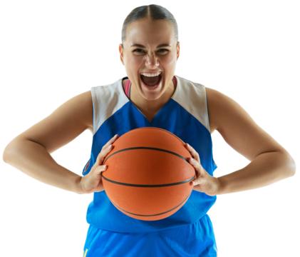 Emotional woman, basketball player holding ball and shouting of joy, celebrating victory against transparent background. Concept of professional sport, championship, tournament, hobby and recreation.