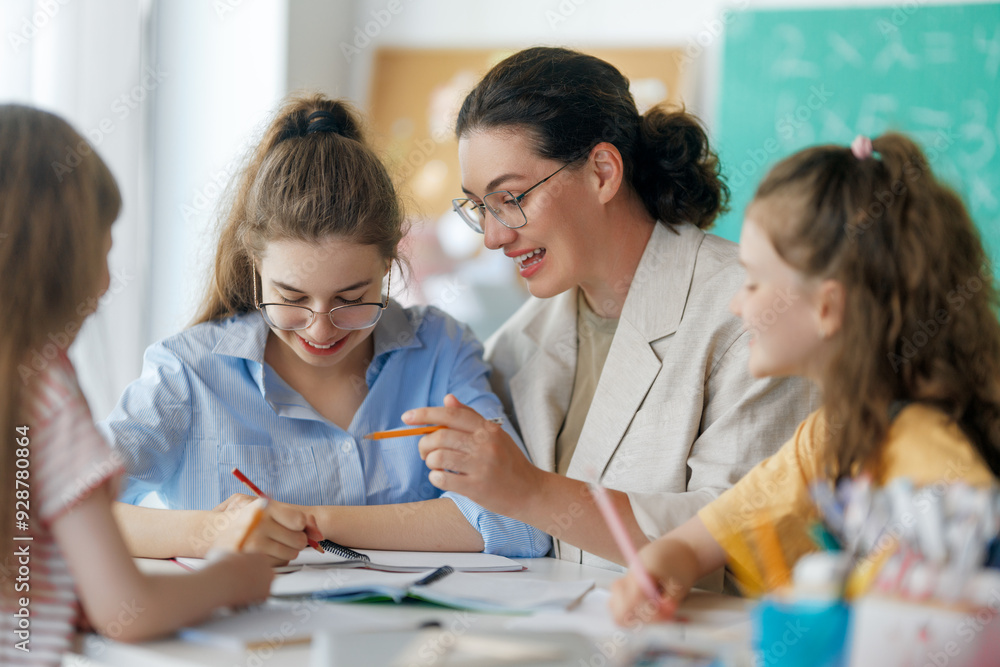 Wall mural happy kids and teacher at school