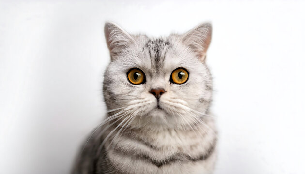 portrait silver tabby british shorthair cat looking camera white background