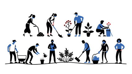 Men and women are gardening and plant vegetables, flower