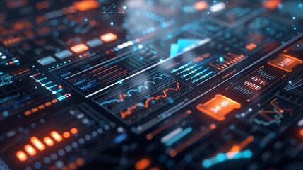Close-up of a futuristic digital interface with glowing blue and orange lines and graphs.