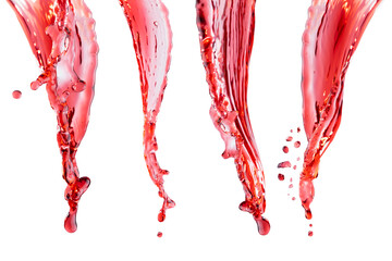 Set of four flow of red cherry cold juice pour down with bright splashes, drops flying, motion isolated on white background. Fresh  drink with splashing for advertising, design, flyer, card, poster.