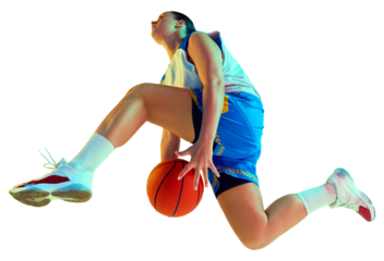 Low angle shot of young basketball player leaping to make powerful slam dunk in neon light against transparent background. Concept of professional sport, championship, tournament, recreation. Ad