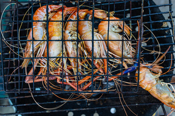 River prawn shrimp grilled on fire