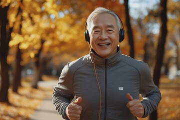'Close-up of a joyful Asian senior man in sportswear jogging in an autumn park, embracing an active lifestyle during retirement.'