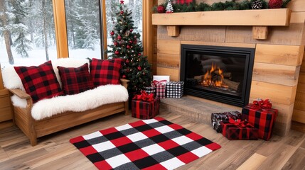 A stylish living room features a large gray and blue rug in front of a fireplace, surrounded by greenery and numerous festive wrapped gifts