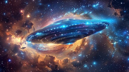 Obraz premium Cartoon vector alien spacecraft exploring a galaxy