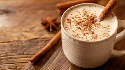 A cozy cup of steaming spiced cinnamon drink garnished with cinnamon sticks and sprinkled with spices on a wooden table.