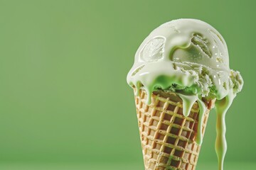 Melting ice cream on a green background. pistachio ice cream in a cone 