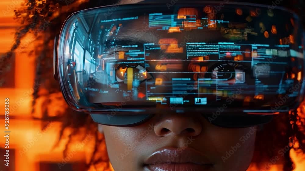 Poster a person immersed in a virtual reality experience, exploring digital displays in a vibrant tech sett