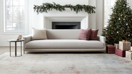 A stylish living room features a large gray and blue rug in front of a fireplace, surrounded by greenery and numerous festive wrapped gifts