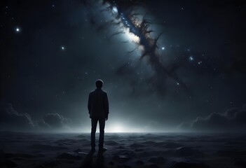 Fototapeta premium Man Facing Starry Sky with Galactic Vista in Remote Landscape