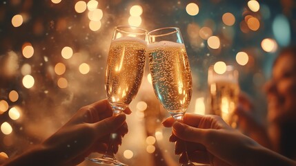 A champagne, prosecco, toast moment, bokeh background, celebration, valentines, birthday, party vibes