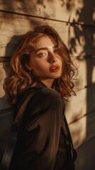 Fototapeta premium Portrait of a woman with red lips and brown hair against a brick wall, eyes big and hair gently moving in the wind, wearing a black top, lit by sunlight.