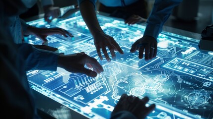 People at a table with interactive display, analyzing digital content together, likely in tech field. Hands pointing to data, fostering innovation & collaboration.