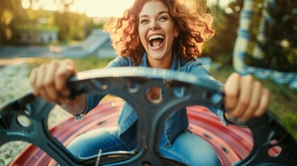 Fototapeta premium A cheerful woman with red hair enjoys a bumper car ride at an amusement park. Her smile and playful demeanor add to the carefree atmosphere of the scene.