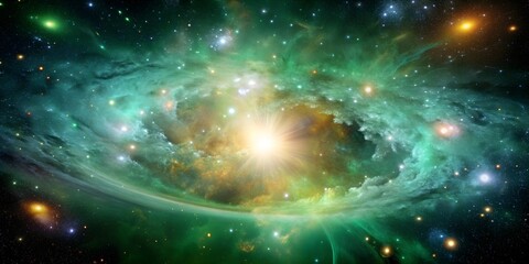Explosion of the universe with a green background filled with galaxies and stars, Big bang, universe, explosion, beginning