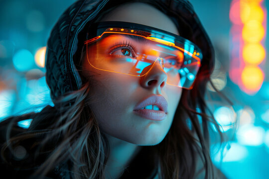 Young woman engages with vibrant augmented reality elements, showcasing the futuristic potential of wearable technology in a dynamic urban setting