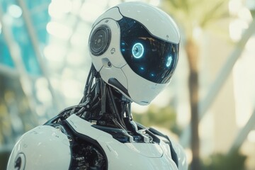 Fototapeta premium Close up of a sleek, white robotic head with glowing blue eyes, showcasing advanced artificial intelligence and futuristic technology