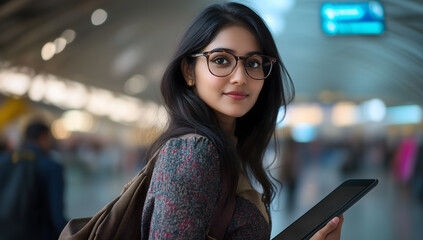 a beautiful Indian woman wearing glasses and holding a tablet in an airport