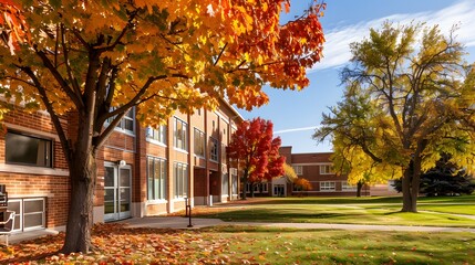 Naklejka premium Autumnal School Exterior with Changing Leaves, Framing a Classic Academic Building in a Scenic Vista