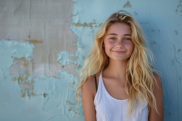 Fototapeta premium Blonde Teenage Girl Portrait. Beautiful and Happy Young Woman in White Background