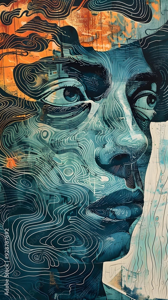 Poster abstract portrait with lines and shapes.