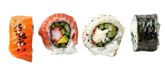 Flat lay four piece of sushi isolated on transparent background of different sushi