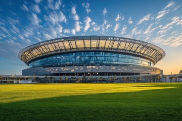 A stadium with a large green field and a blue sky